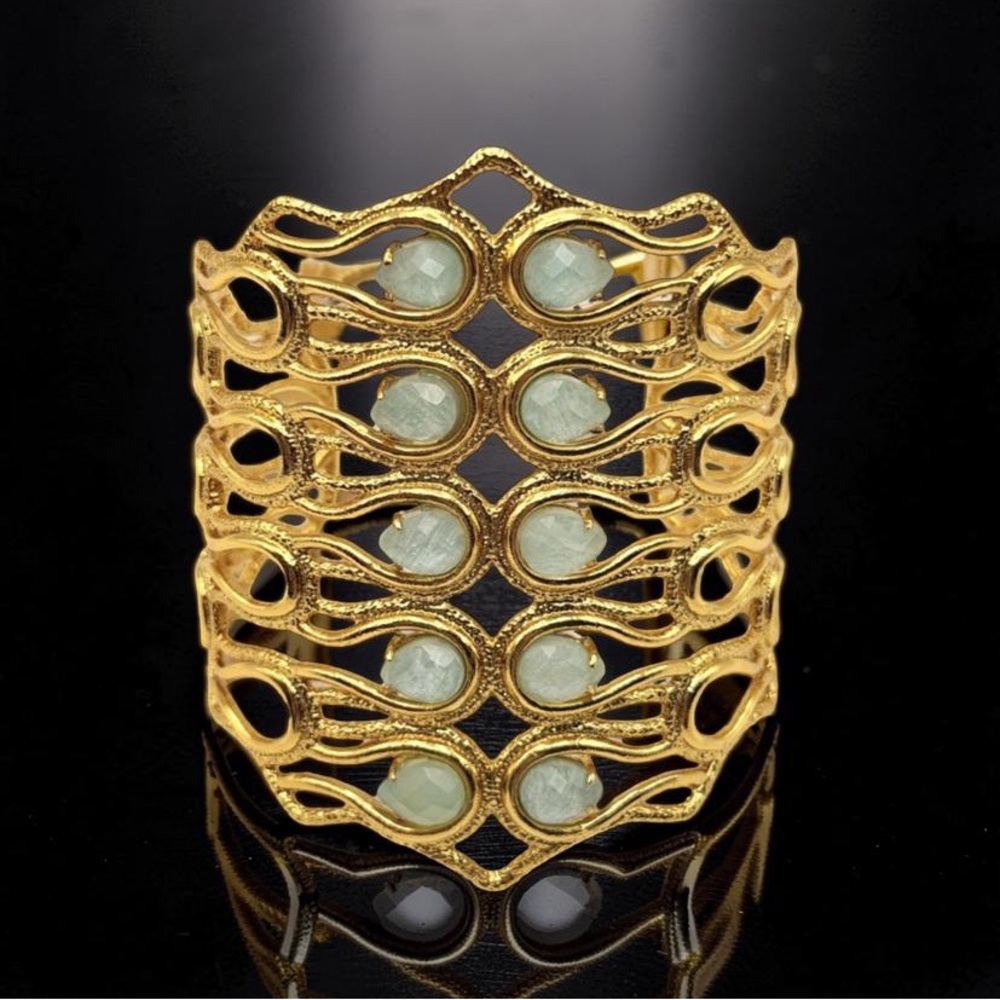 Alexis Bittar Wide Gold Tone Green Teardrop Stone Cuff Statement Bracelet 6.5”
